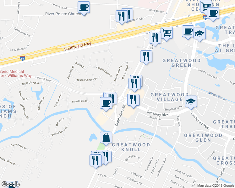 map of restaurants, bars, coffee shops, grocery stores, and more near 6514 Canyon Point Lane in Richmond
