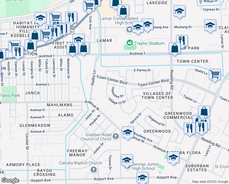 map of restaurants, bars, coffee shops, grocery stores, and more near 1501 Helmsley Drive in Rosenberg