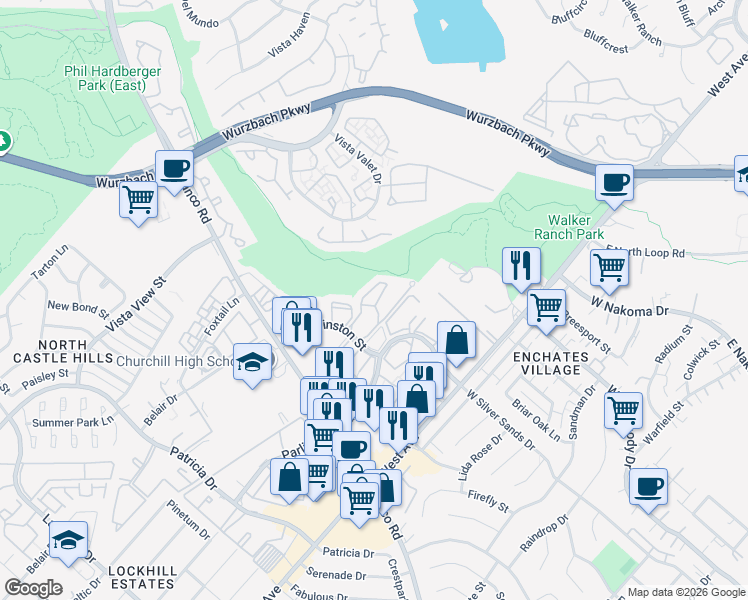 map of restaurants, bars, coffee shops, grocery stores, and more near 11245 Sir Winston Street in San Antonio