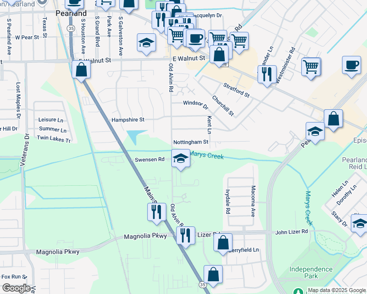 map of restaurants, bars, coffee shops, grocery stores, and more near 3402 Nottingham Street in Pearland