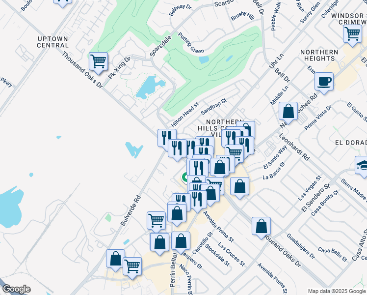 map of restaurants, bars, coffee shops, grocery stores, and more near 4243 Thousand Oaks Drive in San Antonio