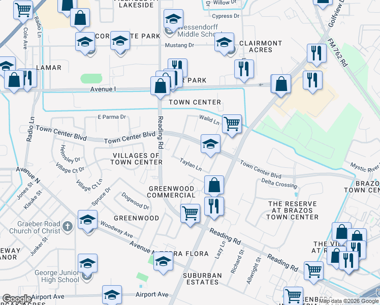 map of restaurants, bars, coffee shops, grocery stores, and more near 1319 Emilee Court in Rosenberg