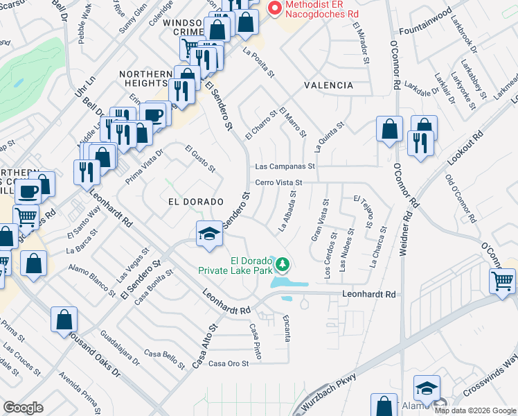 map of restaurants, bars, coffee shops, grocery stores, and more near 12406 La Lira Street in San Antonio