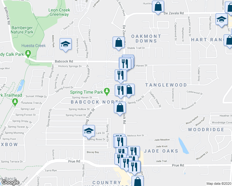 map of restaurants, bars, coffee shops, grocery stores, and more near 6510 Babcock Road in San Antonio