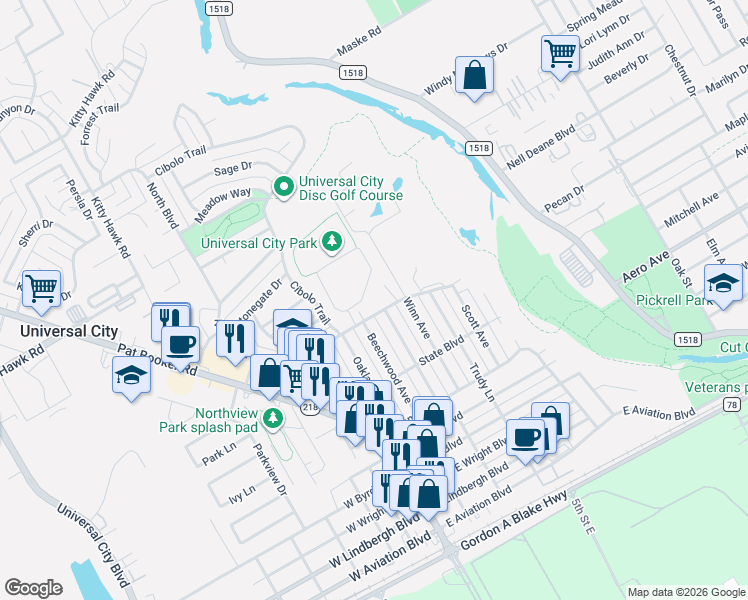 map of restaurants, bars, coffee shops, grocery stores, and more near 313 North Boulevard in Universal City