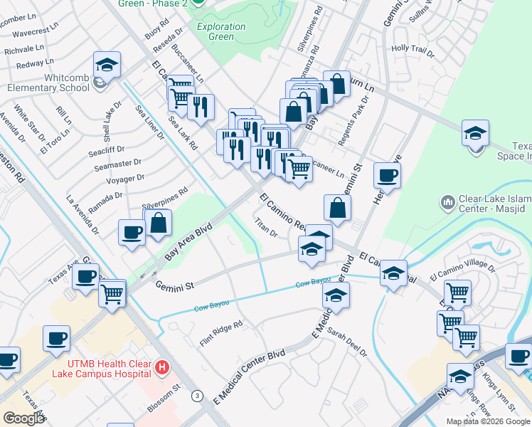 map of restaurants, bars, coffee shops, grocery stores, and more near 16800-16898 Titan Dr in Houston