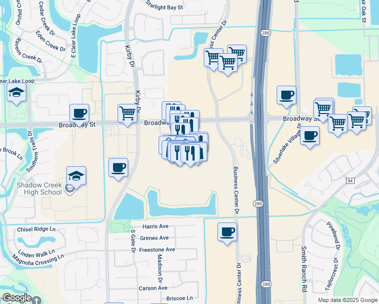 map of restaurants, bars, coffee shops, grocery stores, and more near 11200 Broadway Street in Pearland