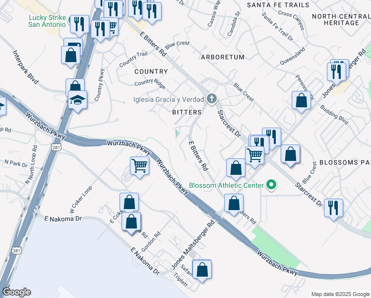 map of restaurants, bars, coffee shops, grocery stores, and more near 12240 Farview Lane in San Antonio