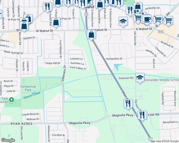 map of restaurants, bars, coffee shops, grocery stores, and more near 4101 Twin Lakes Tr in Pearland