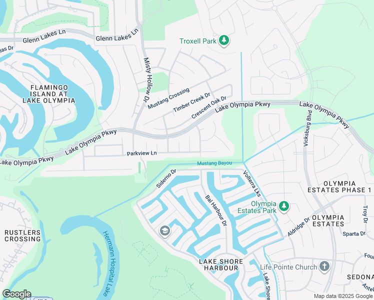 map of restaurants, bars, coffee shops, grocery stores, and more near 1719 Parkview Lane in Missouri City