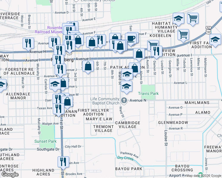 map of restaurants, bars, coffee shops, grocery stores, and more near 2409 Avenue M in Rosenberg