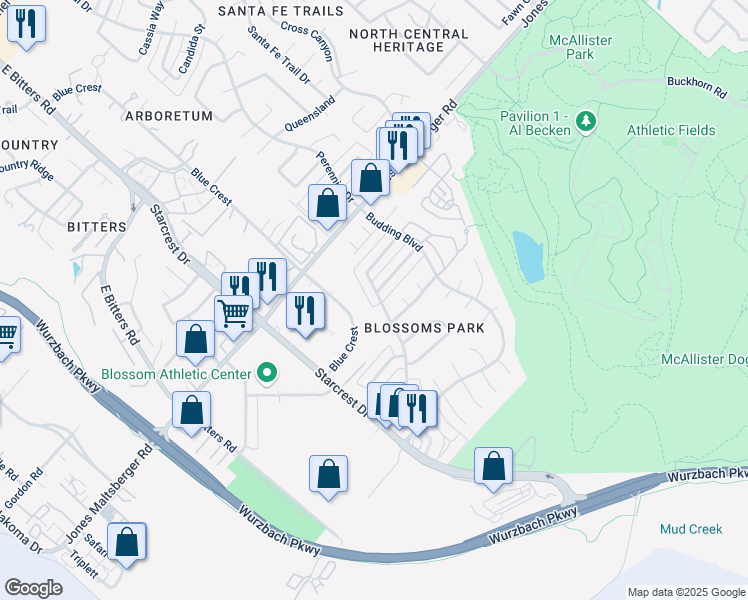 map of restaurants, bars, coffee shops, grocery stores, and more near 2002 Lotus Blossom Street in San Antonio