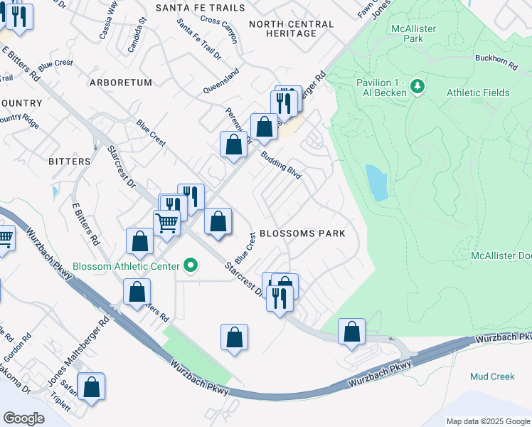 map of restaurants, bars, coffee shops, grocery stores, and more near 2002 Lotus Blossom Street in San Antonio