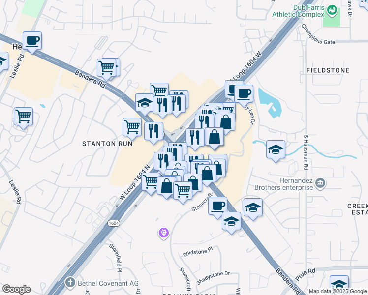 map of restaurants, bars, coffee shops, grocery stores, and more near 224 Texas 1604 Access Road in San Antonio