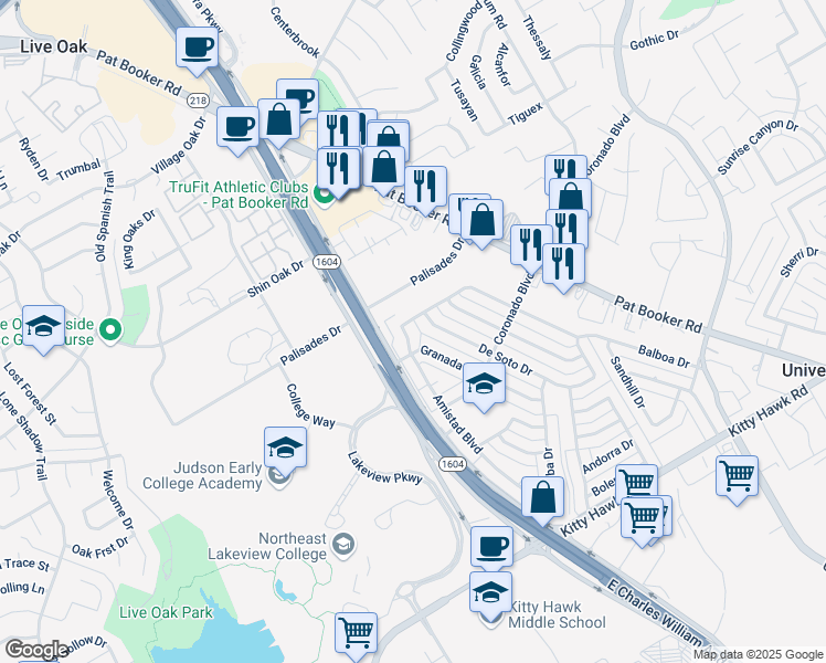 map of restaurants, bars, coffee shops, grocery stores, and more near 603 Amistad Boulevard in Universal City