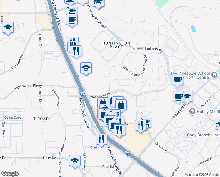 map of restaurants, bars, coffee shops, grocery stores, and more near 4863 Woodstone Drive in San Antonio