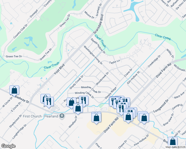 map of restaurants, bars, coffee shops, grocery stores, and more near 1910 Crooked Creek Lane in Pearland