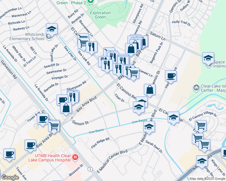 map of restaurants, bars, coffee shops, grocery stores, and more near 16826 Titan Drive in Houston