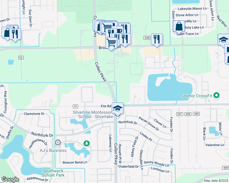 map of restaurants, bars, coffee shops, grocery stores, and more near in Pearland