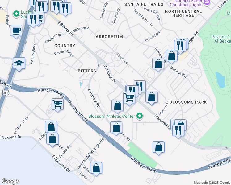 map of restaurants, bars, coffee shops, grocery stores, and more near 12410 Walthampton Street in San Antonio