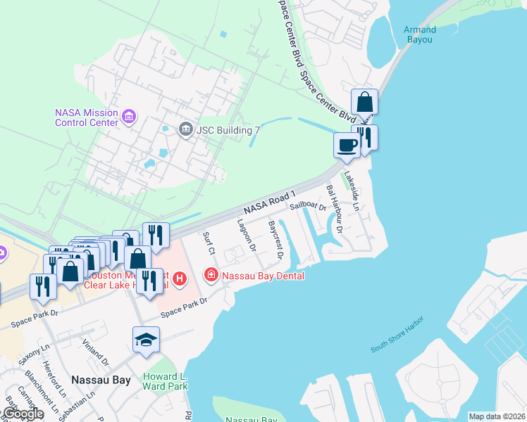 map of restaurants, bars, coffee shops, grocery stores, and more near 2626 Baycrest Drive in Houston