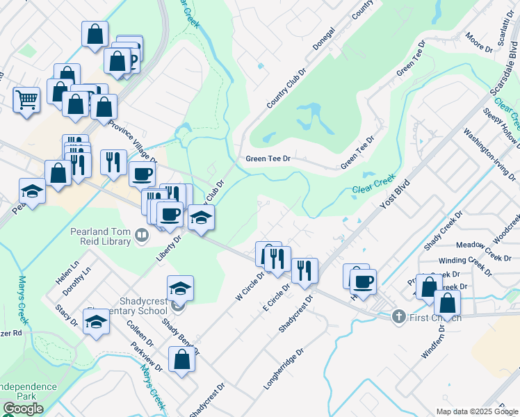 map of restaurants, bars, coffee shops, grocery stores, and more near 2421 Jamison Road in Pearland