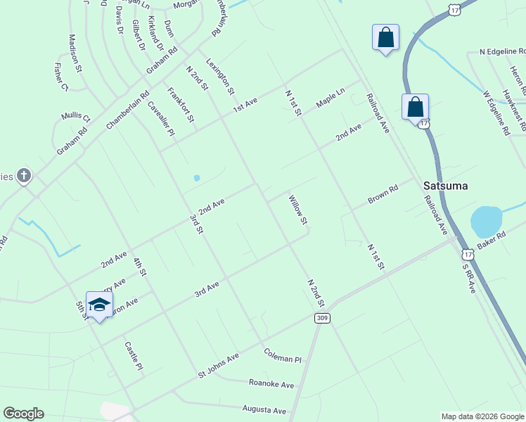 map of restaurants, bars, coffee shops, grocery stores, and more near 110 Harper Place in Satsuma