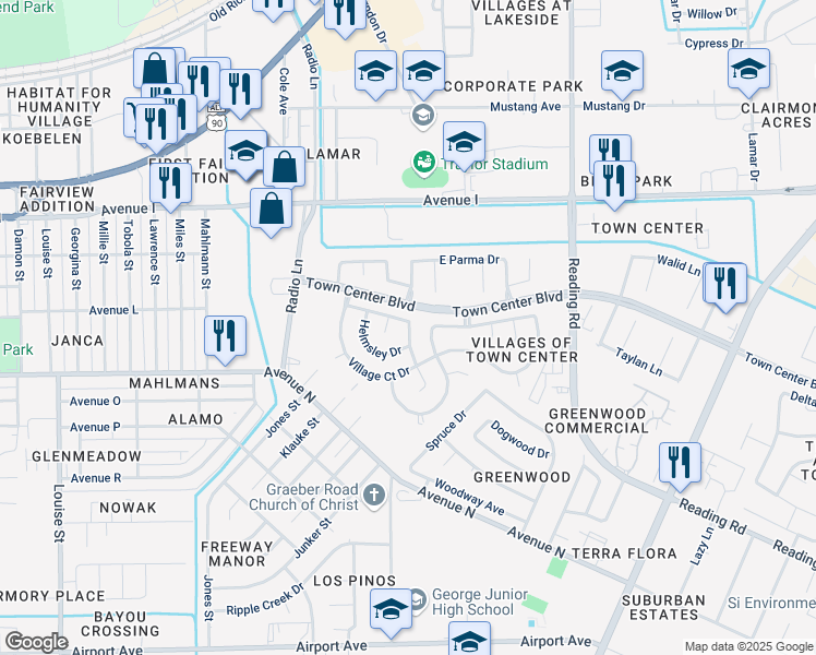 map of restaurants, bars, coffee shops, grocery stores, and more near 1509 Manor Drive in Rosenberg