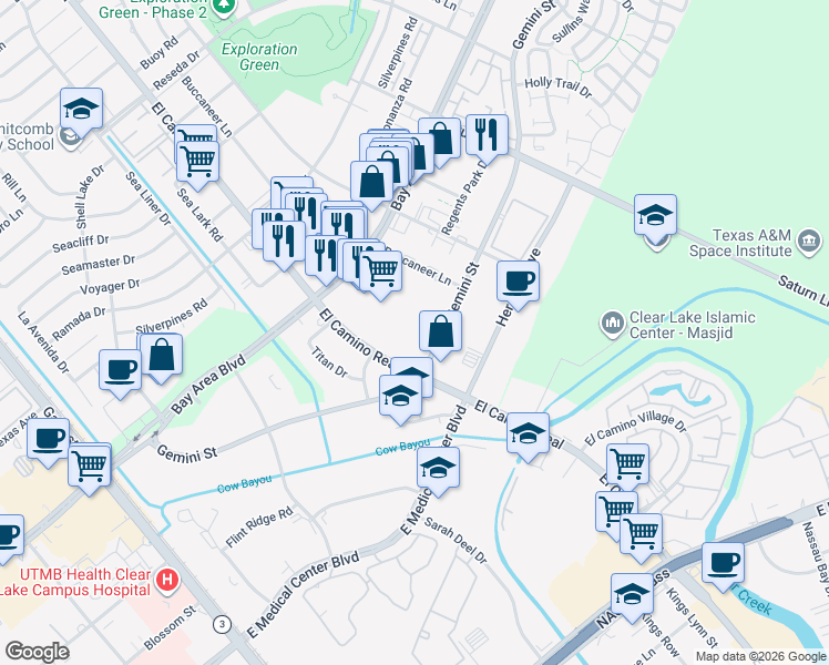 map of restaurants, bars, coffee shops, grocery stores, and more near 17049 El Camino Real in Houston