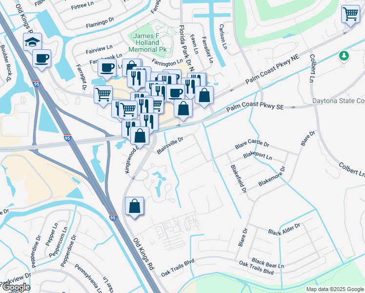 map of restaurants, bars, coffee shops, grocery stores, and more near 18 Blairton Court in Palm Coast