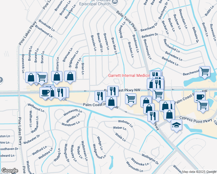 map of restaurants, bars, coffee shops, grocery stores, and more near 12 Brelyn Place in Palm Coast