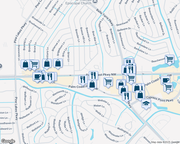 map of restaurants, bars, coffee shops, grocery stores, and more near 2 Corporate Drive in Palm Coast