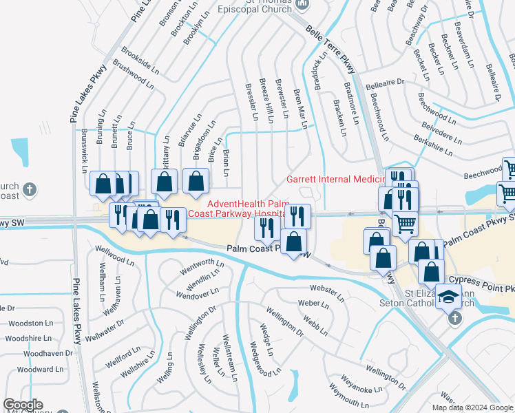 map of restaurants, bars, coffee shops, grocery stores, and more near 4835 Palm Coast Parkway Southwest in Palm Coast