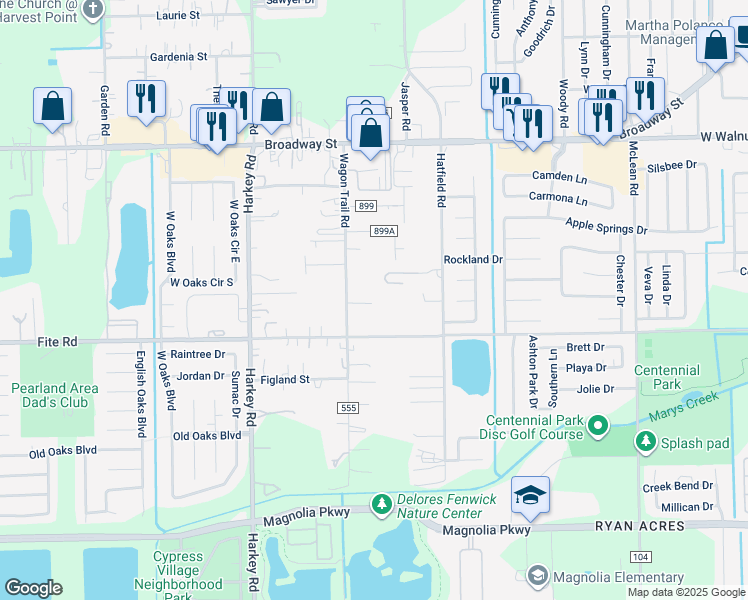 map of restaurants, bars, coffee shops, grocery stores, and more near 5717 Fite Road in Pearland