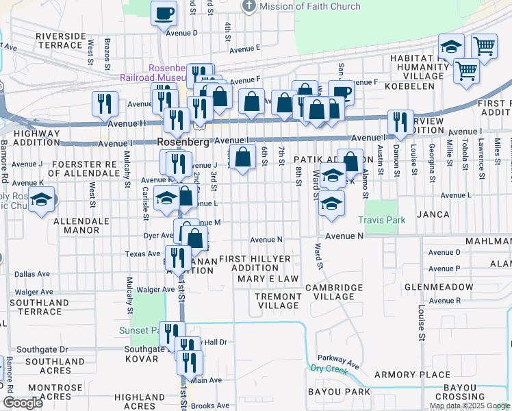 map of restaurants, bars, coffee shops, grocery stores, and more near 1417 6th Street in Rosenberg