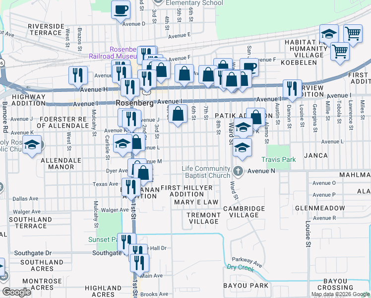 map of restaurants, bars, coffee shops, grocery stores, and more near 1417 6th Street in Rosenberg