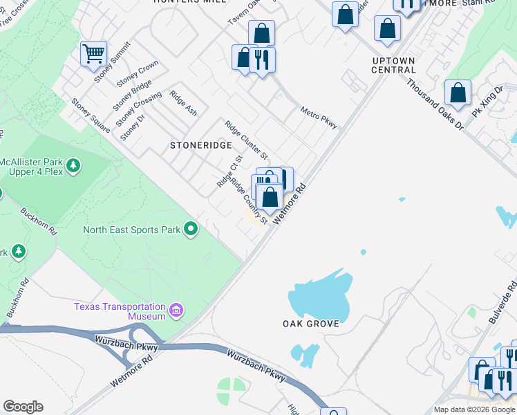 map of restaurants, bars, coffee shops, grocery stores, and more near 3814 Ridge Country Street in San Antonio