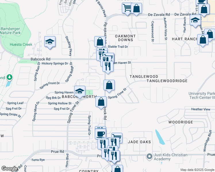 map of restaurants, bars, coffee shops, grocery stores, and more near 6467 Babcock Road in San Antonio