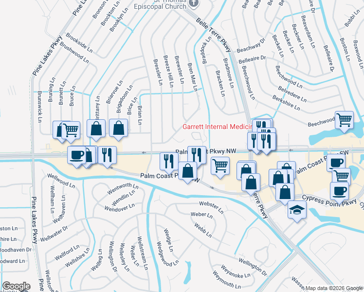 map of restaurants, bars, coffee shops, grocery stores, and more near 12 Brelyn Place in Palm Coast