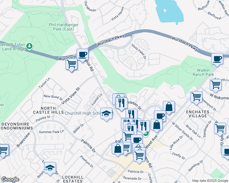 map of restaurants, bars, coffee shops, grocery stores, and more near 12222 Blanco Road in San Antonio