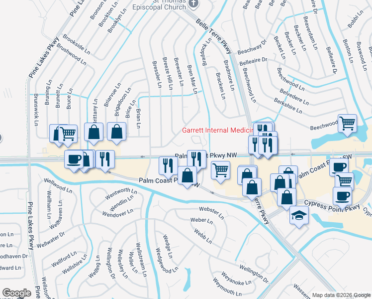 map of restaurants, bars, coffee shops, grocery stores, and more near 2 Corporate Drive in Palm Coast