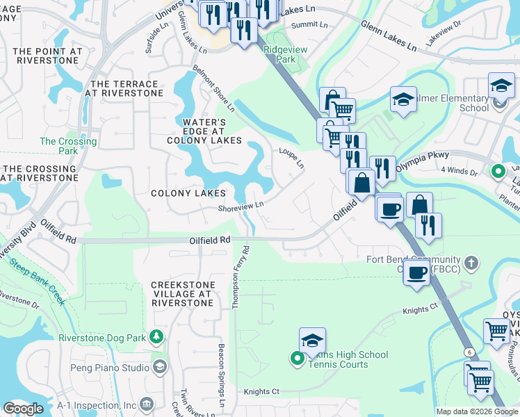 map of restaurants, bars, coffee shops, grocery stores, and more near 6918 Sable River Drive in Missouri City