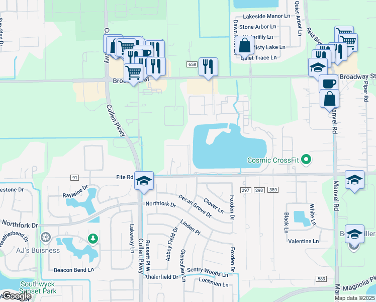 map of restaurants, bars, coffee shops, grocery stores, and more near 2800 Tranquility Lake Estates Boulevard in Pearland