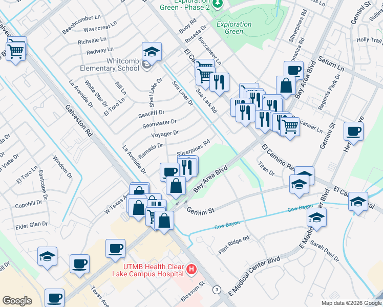 map of restaurants, bars, coffee shops, grocery stores, and more near 855 Silverpines Road in Houston