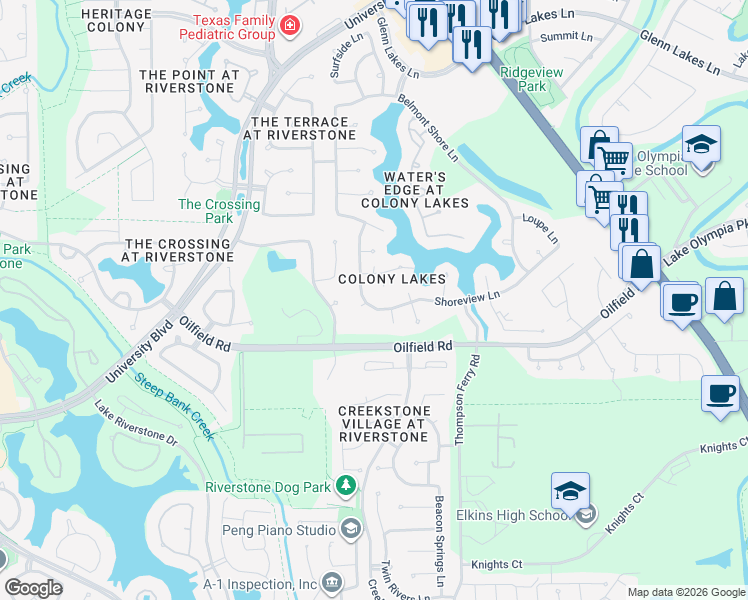 map of restaurants, bars, coffee shops, grocery stores, and more near 6807 Rhodes Court in Missouri City