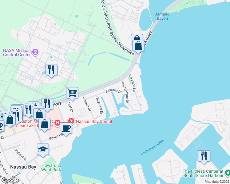 map of restaurants, bars, coffee shops, grocery stores, and more near 18033 Starboard Drive in Houston
