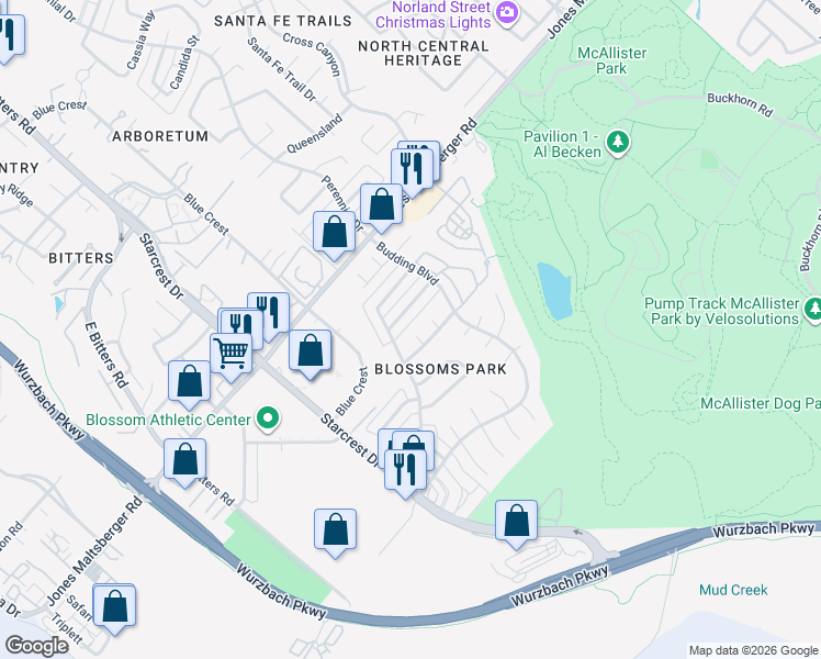 map of restaurants, bars, coffee shops, grocery stores, and more near 1903 Almond Drive in San Antonio
