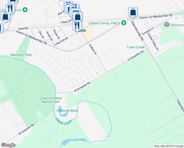 map of restaurants, bars, coffee shops, grocery stores, and more near 304 South Main Street in Cibolo