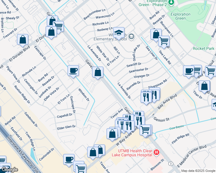 map of restaurants, bars, coffee shops, grocery stores, and more near 16466 Highway 3 in Webster