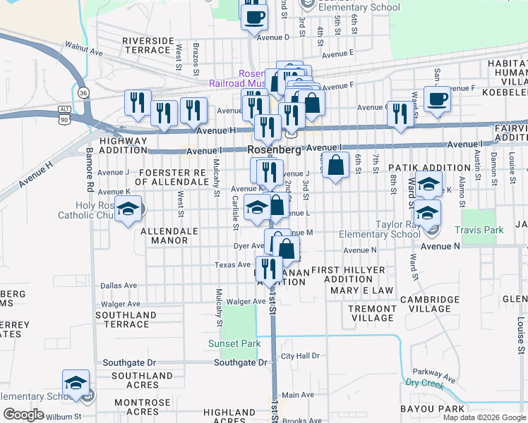 map of restaurants, bars, coffee shops, grocery stores, and more near 1711 Avenue L in Rosenberg
